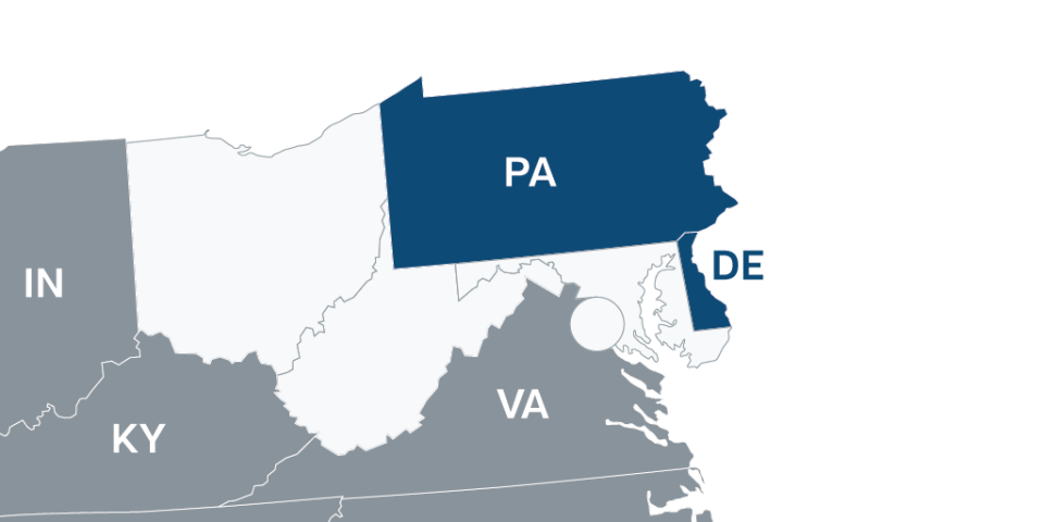 Map of Pennsylvania and Delaware.